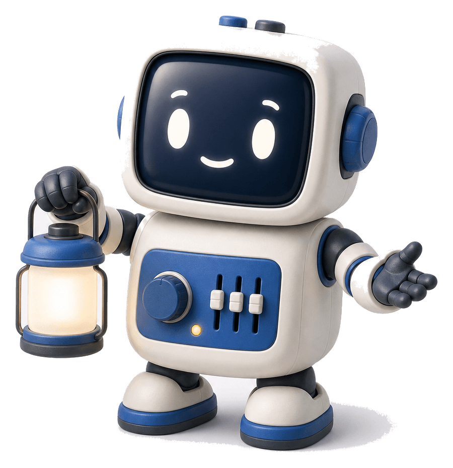 手持ちランタンで次の一歩を案内するAiBuddyのロボットマスコット